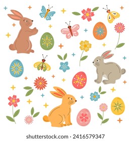 Easter collection with bunnies, spring flowers, colorful eggs, butterflies. Easter background, bright holiday clip art for greeting cards, gift tags, printing. Vector cute Easter rabbit, bunny.