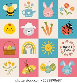 Easter collection with bunnies, spring flowers, colorful eggs, butterflies. Easter background, bright holiday clip art for greeting card, gift tag, printing. Cute Easter rabbit, bunny, sheep, chicken.