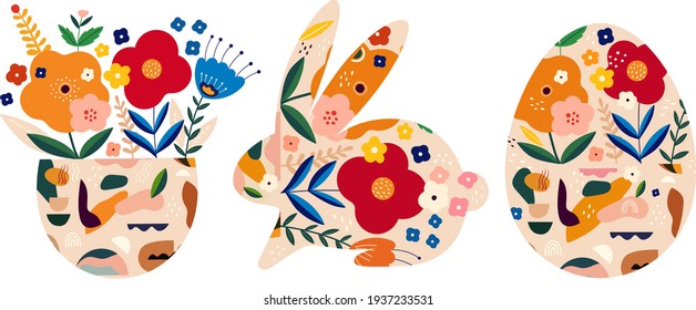 Colección de Pascua con conejito y huevo de Pascua. Feliz tarjeta de saludo de Pascua con conejo decorativo de Pascua