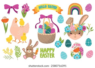 Easter collection with cartoon eggs, chickens, rabbit. Basket with colorful eggs, flowers, rainbow,  bow and hand written. Festive vector elements isolated on white. Flat color design for card,banner.