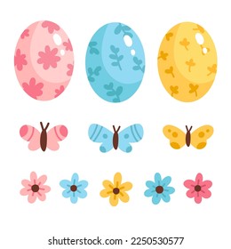 Easter collection of colored eggs, flowers and butterflies. Isolated vector illustrations.