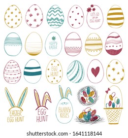 Easter collection with colorful isolated egg icons and lettering. Easter egg hunt set.