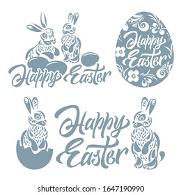 Easter collection with cute rabbits and eggs. Happy Easter text isolated on white background.