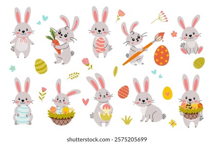 Easter collection featuring a variety of animals, flowers, and decorative elements. Ideal for posters, greeting cards, scrapbooking, and stickers for spring celebrations