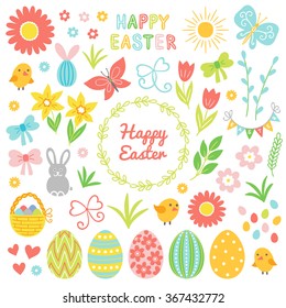 Easter collection. Flower, chicken, chamomile, bunny, bow, hearts, bucket, butterfly, sun, grass, garland, wreath, leaves, decorated egg, tulip, pussy-willow, letters and branch on white background