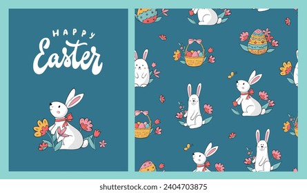 Easter collection of greeting card and seamless pattern with bunnies, flowers and eggs for wallpaper, posters, banners, prints, wrapping paper, etc. EPS 10