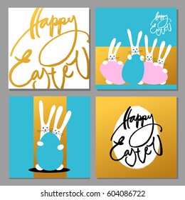 Easter collection. Greeting cards with rabbits, bunnies, eggs and text. Vector illustration EPS10