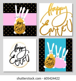 Easter collection. Greeting cards with rabbits, bunnies, eggs and text. Vector illustration EPS10