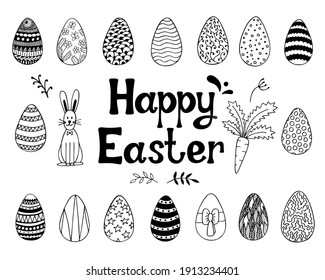 Easter collection: hand written phrase Happy Ester, set of decorated eggs, rabbit and carrot. Isolated illustrations on white background. 