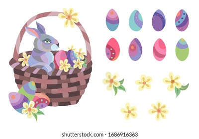 Ostersammlung von Kaninchen in Korb , Eiern und Blumen. Design für Grußkarte, Website, Stoffdruck, Geschenkverpackung, Postkarte und Wallpaper. Vektorillustration.  