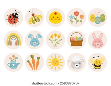 Easter collection of round circle stickers, highlights, badges with bunnies, spring flowers, colorful eggs, butterflies, Easter basket. Easter background, bright holiday clip art.