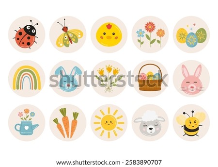 Easter collection of round circle stickers, highlights, badges with bunnies, spring flowers, colorful eggs, butterflies, Easter basket. Easter background, bright holiday clip art.
