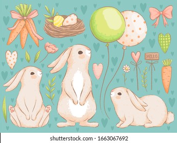 Easter collection. Set with cute rabbits, balls, carrots and colored eggs for Easter design. Imitation of handmade watercolor