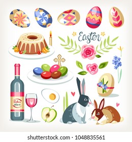 Easter collection set with traditional easter objects sacred food aminals drink cakes eggs