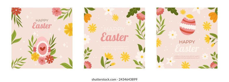 Easter collection of square social media post template. Design with flowers and painted eggs. Hand drawn flat vector illustration