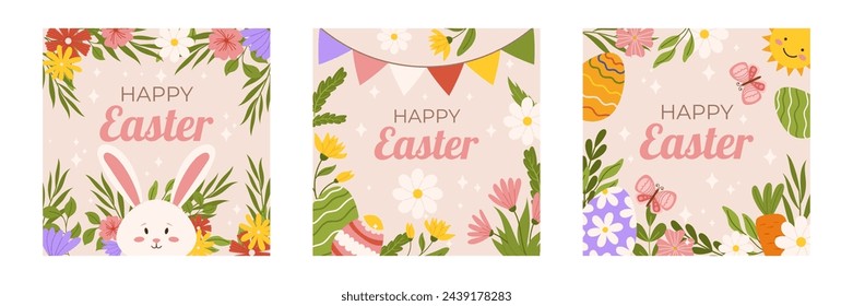 Easter collection of square social media post template. Design for celebration spring holiday with flowers, bunny, butterfly, sun and painted eggs. Hand drawn flat vector illustration