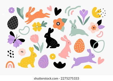 Easter collection. Vector illustration of cartoon colorful rabbits silhouettes in different poses and actions, patterned eggs, abstract shapes and flowers. Isolated on white