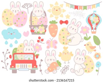 Easter collection vector illustration. Egg, rabbit, flowers. Spring set for Easter celebration. Colorful big Easter design set with bunny