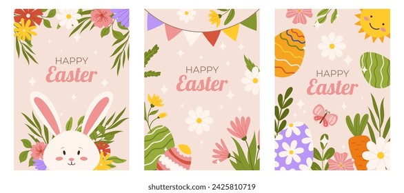 Easter collection of vertical greeting cards template. Design for celebration spring holiday with flowers, bunny, butterfly, sun and painted eggs. Hand drawn flat vector illustration
