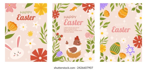 Easter collection of vertical greeting cards template. Design with floral frames, painted eggs, bunny and chicken on nest. Hand drawn flat vector illustration