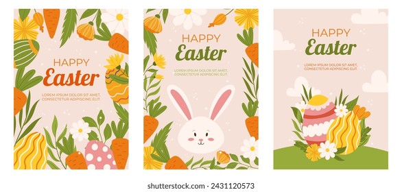 Easter collection of vertical greeting cards template. Design with flowers, painted eggs, bunny and carrot. Hand drawn flat vector illustration