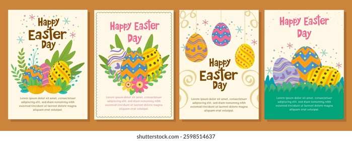 Easter collection of vertical greeting cards template. Design with flowers and painted eggs on the grass. Hand drawn flat vector illustration