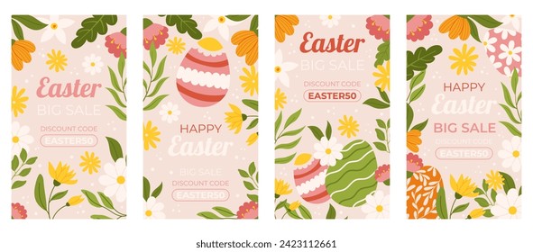 Easter collection of vertical social media template for shopping sale. Design with floral frames, painted eggs. Flat hand drawn illustrations for promoting