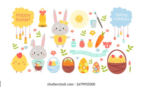 Easter Color Cartoon Flat Vector Illustration, Object And Cute Characters Set