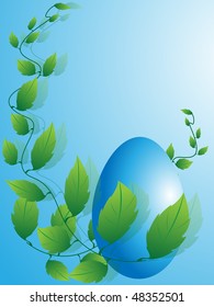 Easter color egg and branch of tree with green leaves on blue background