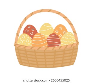 Easter color eggs in basket. Easter holiday. Cartoon flat vector illustration