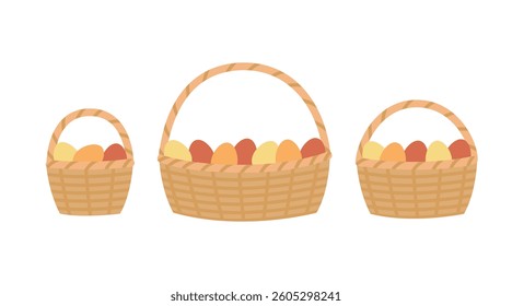 Easter color eggs in basket set. Easter holiday. Cartoon flat vector illustration