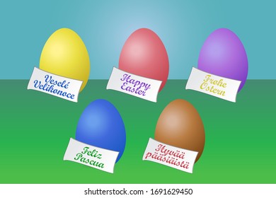 Easter color eggs with board Veselé velikonoce, Happy Easter, Frohe Ostern, Feliz pascua, Hyvää pääsiäistä – vector,