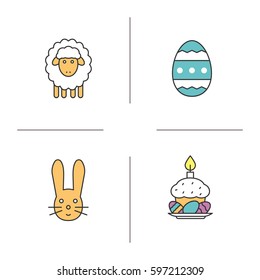 Easter color icons set. Easter bunny, lamb, egg and cake with eggs and candle on plate. Isolated vector illustrations