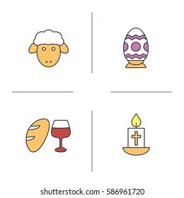 Easter color icons set. Easter egg, lamb, candle with cross, bread and wine. Isolated vector illustrations