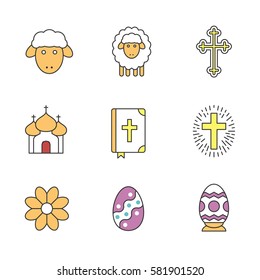 Easter color icons set. Flower, church, Holy Bible, Easter eggs, lambs and cross, crucifix. Isolated vector illustrations