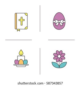 Easter color icons set. Holy Bible, Easter egg with bow and ribbon, violet, eggs and candle on plate. Isolated vector illustrations