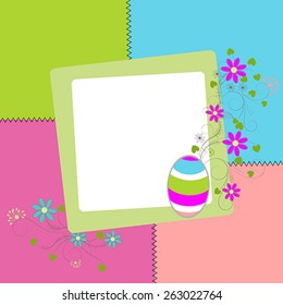 Easter  colored card with egg, flowers, leaf and scroll, vector illustration