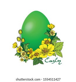 Easter. Colored egg with spring yellow flowers, with the inscription on a white background.
