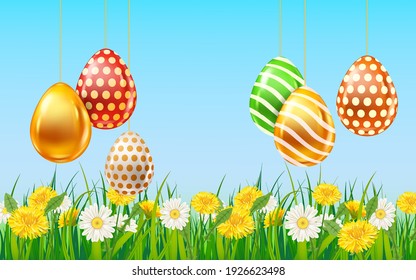 Easter Colored Eggs banner template. Realistic shine decorated, painted eggs, colorful spring flowers chamomile, dandelions, blue sky. Spring holiday poster