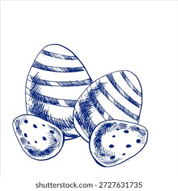 bunte Ostereier bunte Tinte Retro-Grafiken in blauer Farbe. Happy Oster Doodle handgezeichnet, einfarbige Malerei für Frühlingsfest Dekor graviert, Einladung, Kartendesign.