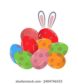 Easter colored eggs and Easter bunny ears. flat vector illustration