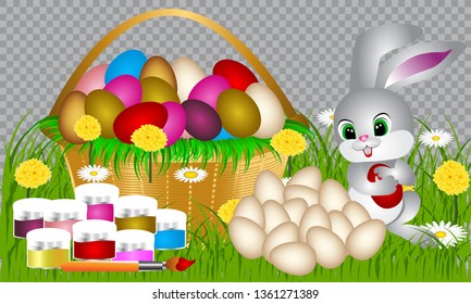 
Easter. Colored Easter eggs with different patterns, fun Easter bunny. Set of Easter eggs with different texture on a white background. Spring holiday. Vector illustration.