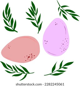  Easter colored eggs and green twigs, flat illustration, vector clipart