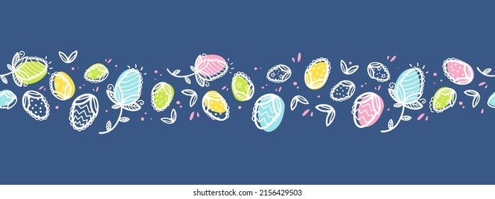 Easter colored eggs. Holiday decorative seamless border template.