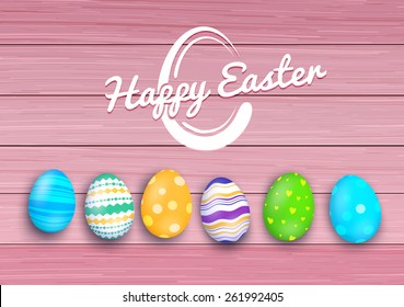 Easter colored eggs on rustic wooden planks. Vector illustration.