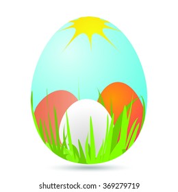 Easter colored eggs with a picture of landscape with green grass with colored eggs in the grass yellow sun and blue sky with shadow on a white background 