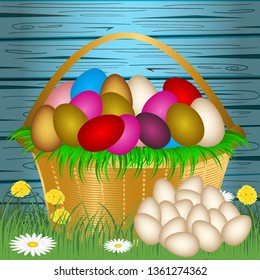 Easter. Colored Easter eggs with various patterns and an Easter basket. Set of Easter eggs with different texture on a white background. Spring holiday. Vector illustration.