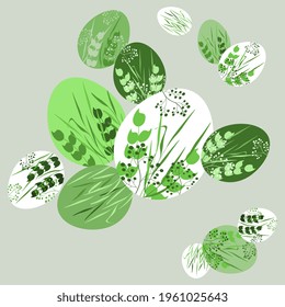 Easter colored eggs in white-green tones on a bluish background. Holiday illustrations, postcard, surface, fabric design.
