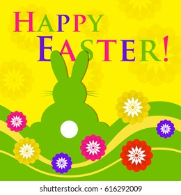Easter colored greeting card - green rabbit with white tail, rear view with flowers, waves and text in front of a yellow background
