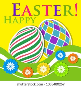 Easter colored greeting card - two eggs with white outline, shadows, flowers, waves and text in front of a yellow background